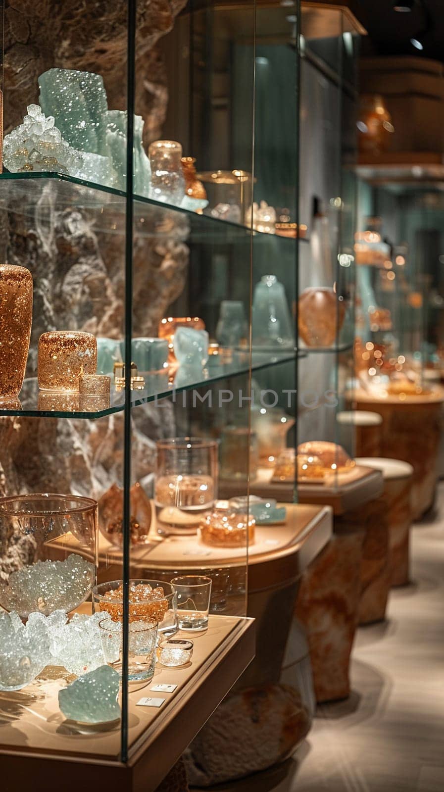 Upmarket Jewelry Store with Precious Gems in Elegant Disarray, The soft shimmer of jewels and glass cases suggests refinement and high-value transactions.