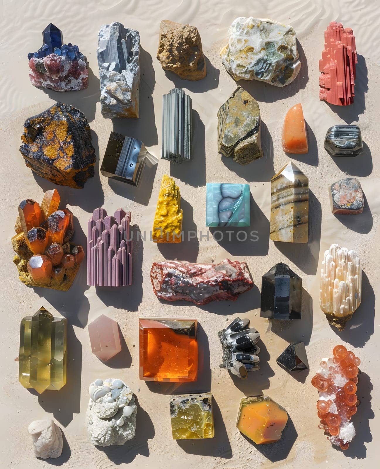 A photograph showcasing various types of rocks and crystals displayed on a table, serving as inspiration for art and fashion accessories