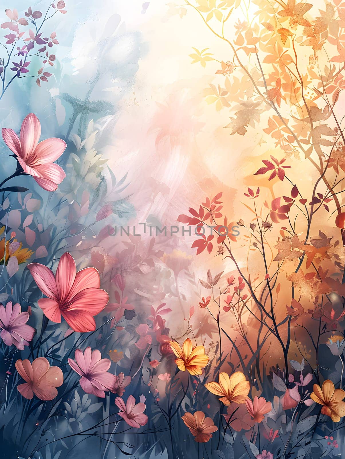 A beautiful painting of a field of flowers under the sunlight, with the sun shining through the leaves and reflecting off the delicate petals, creating a serene natural landscape