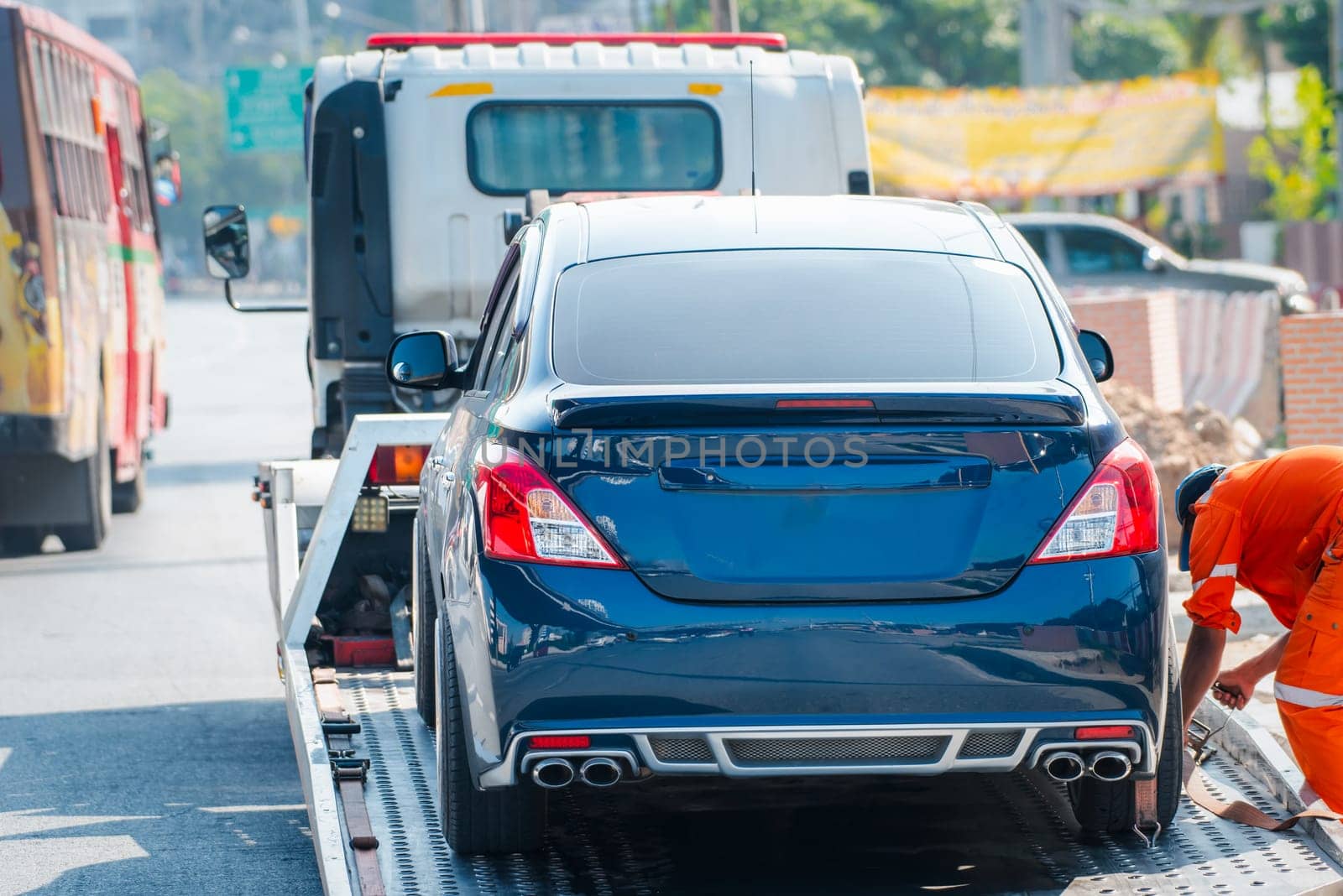 Car damaged crash from car accident on the road wait insurance in a city collision in Bangkok Road, accidents are a major problem of traffic in Thailand.