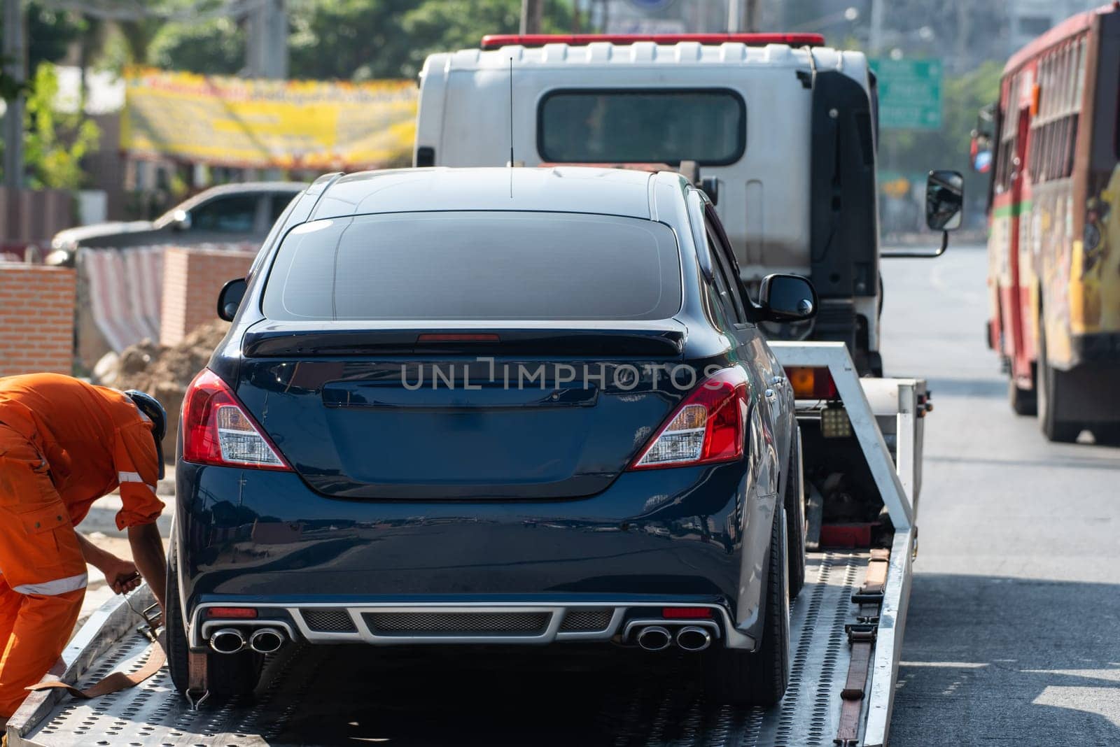 Car damaged crash from car accident on the road wait insurance in a city collision in Bangkok Road, accidents are a major problem of traffic in Thailand.