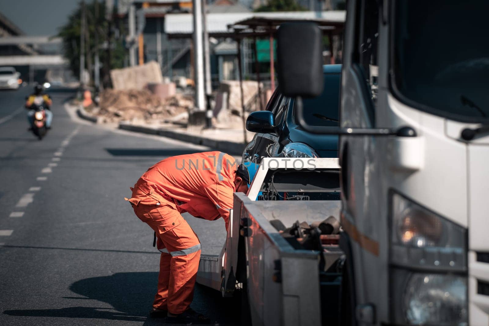 Car damaged crash from car accident on the road wait insurance in a city collision in Bangkok Road, accidents are a major problem of traffic in Thailand.