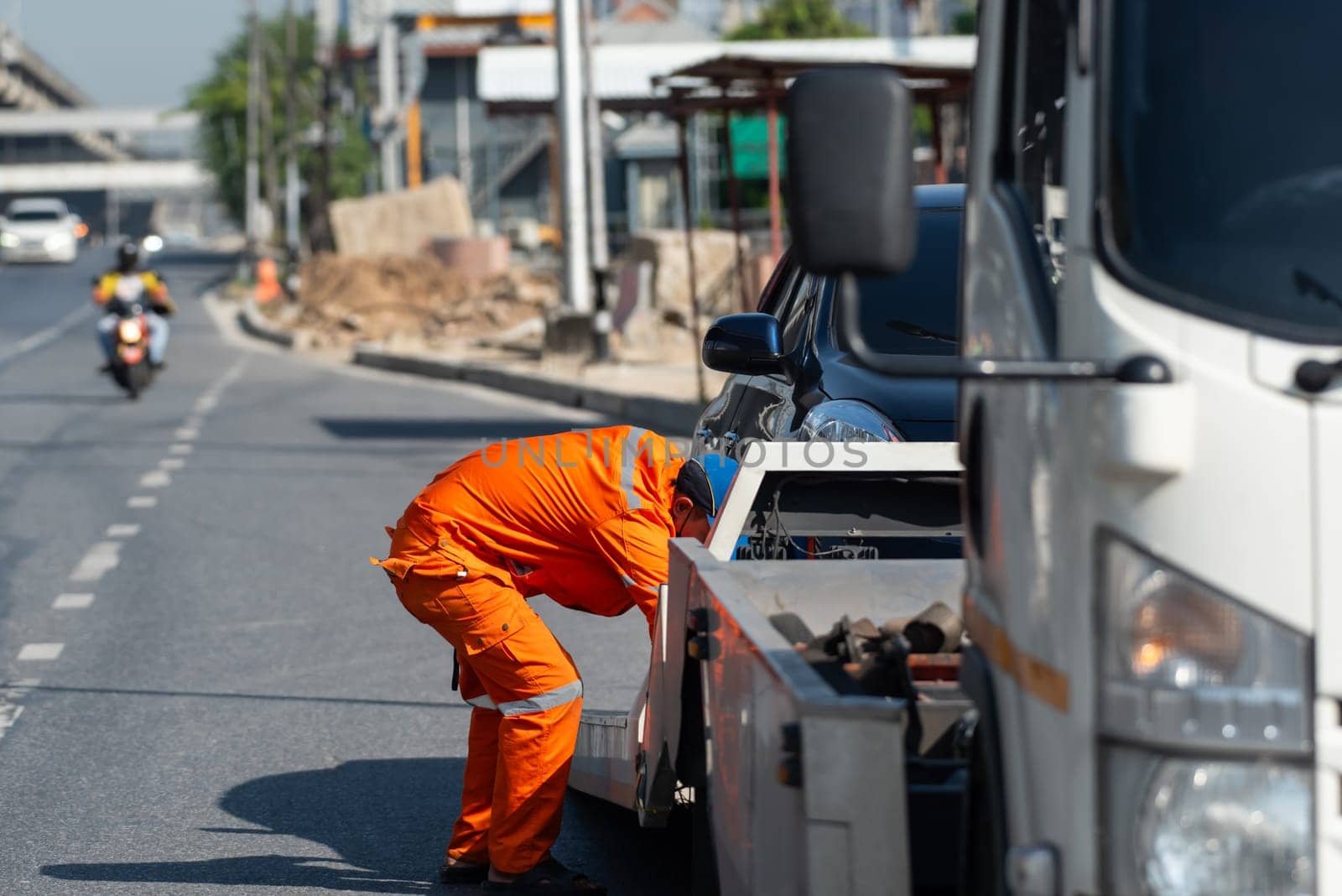 Car damaged crash from car accident on the road wait insurance in a city collision in Bangkok Road, accidents are a major problem of traffic in Thailand.