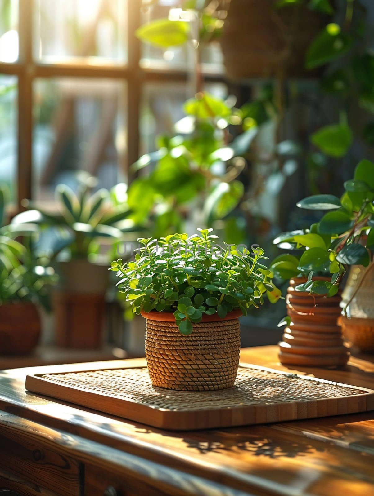 Sustainable Living Showcased in Bright, Eco-Friendly Home Interior, Blurred green plants and eco-decor suggest an environmentally conscious lifestyle.