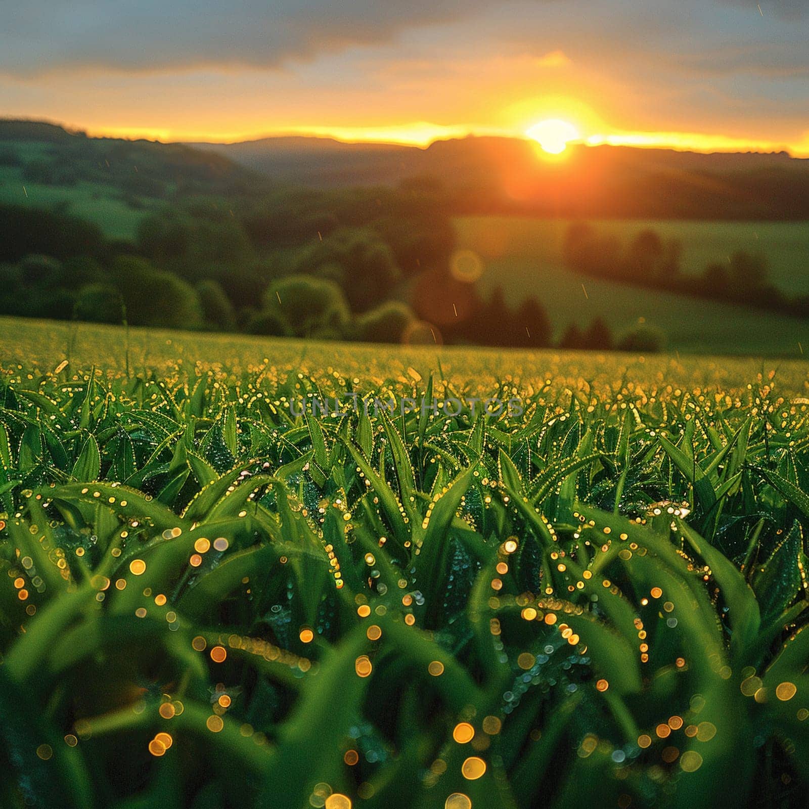 Morning Dew on Fresh Organic Farmland at Sunrise A serene by Benzoix