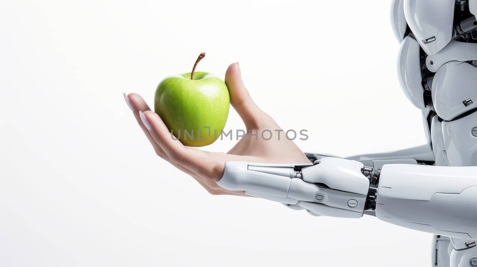 A green apple in the hand of a robot on a white background with artificial intelligence, future technologies. Internet and digital technologies. Global network. Integrating technology and human interaction. Digital technologies