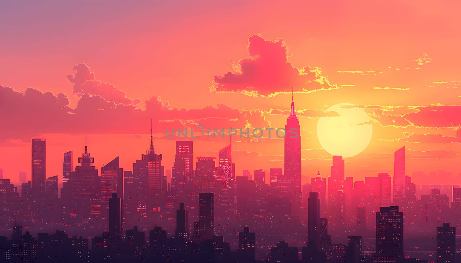 A city skyline at sunset with the sun shining through the clouds, creating a stunning orange and red sky. Skyscrapers silhouette against the colorful atmosphere, blending with the natural landscape