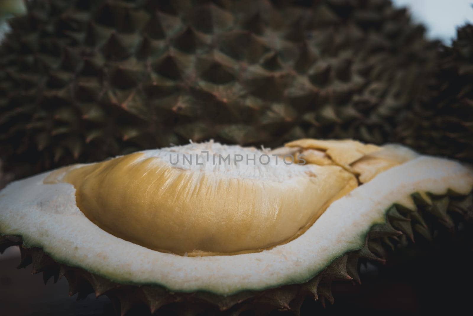 Durian is a king of fruit in Thailand and asia fruit have a spikes shell and sweet can buy at Thai street food and fruit market at agriculture farm