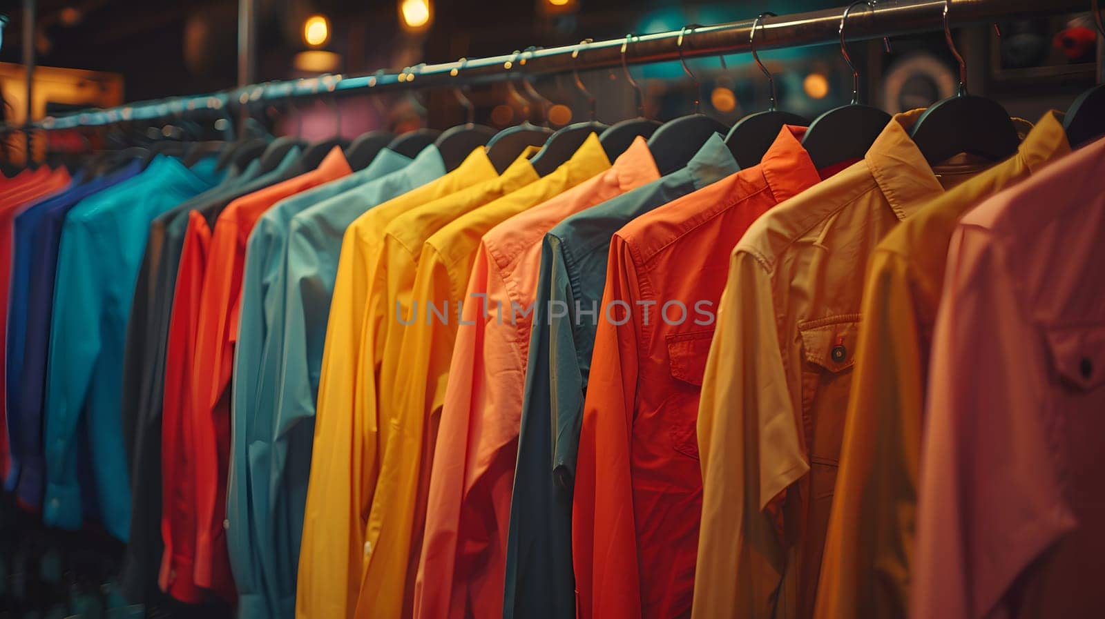 A display of vibrant outerwear including tshirts, sportswear, and jerseys on clothes hangers in a retail store in the city market, showcasing fashion design for an upcoming event