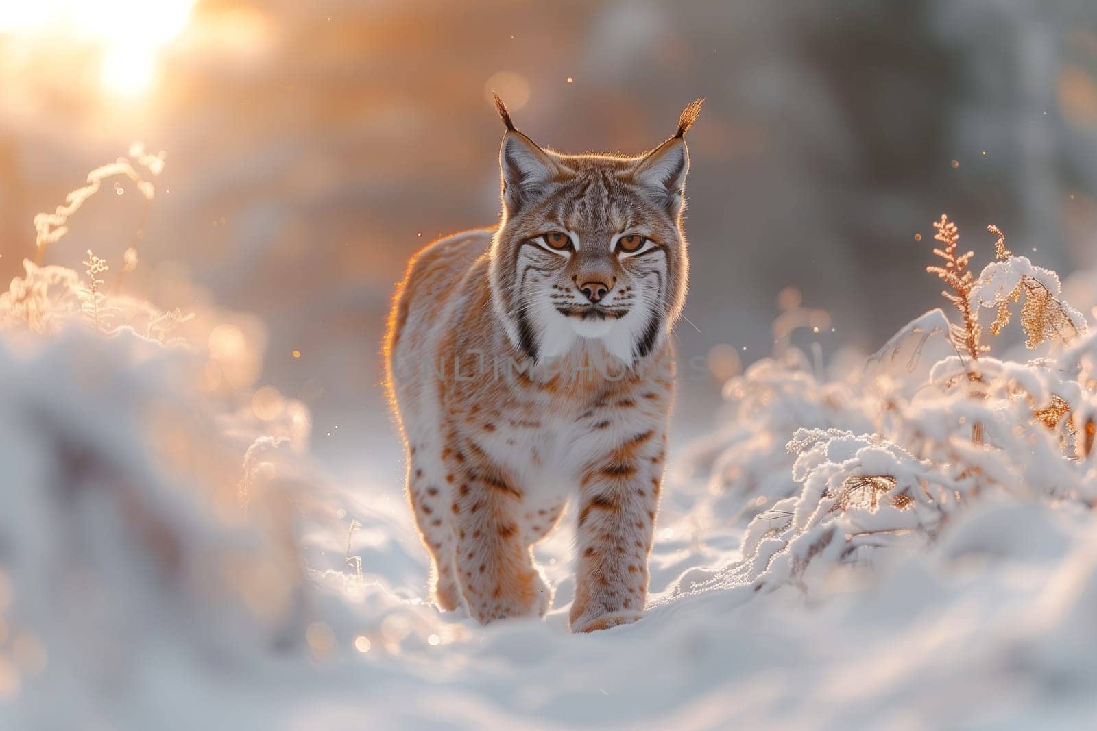 Lynx, a Carnivore Felidae Cat, with whiskers, standing in snow, gazing at camera by richwolf