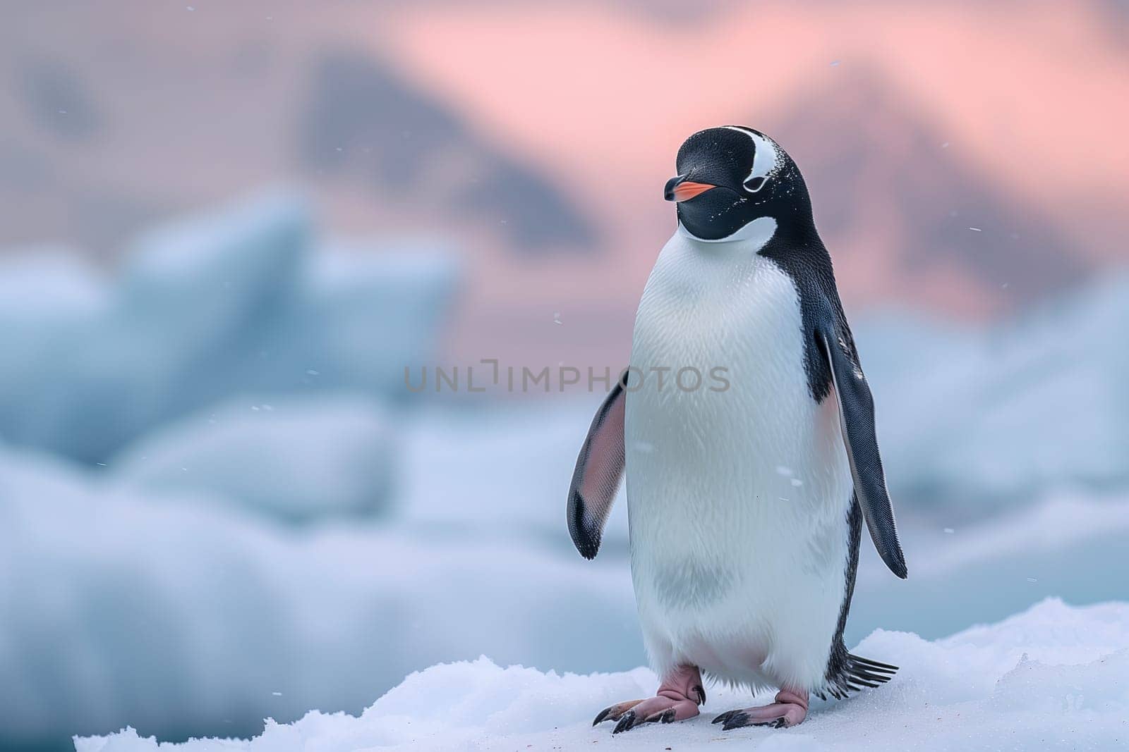 Flightless bird, Penguin, stands on snow pile in freezing polar ice cap by richwolf