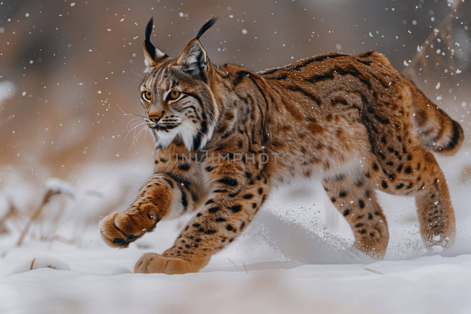 A Felidae species, the lynx, a small to mediumsized cat with whiskers and fur, is a carnivorous terrestrial animal walking through the snow with its snout and catlike movements
