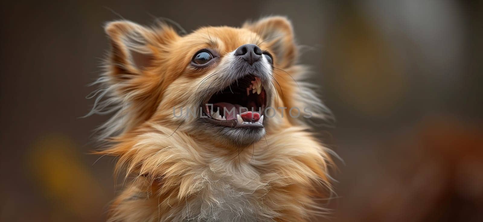 A close up of a Chihuahua, a small dog breed known for its open mouth, fawn color, whiskers, and tiny fangs. Considered a companion dog in the Sporting Group category