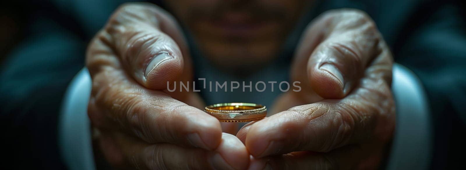 The man tenderly holds the wedding ring between his thumb and finger, close to his chest, a meaningful gesture symbolizing love and commitment for the upcoming event