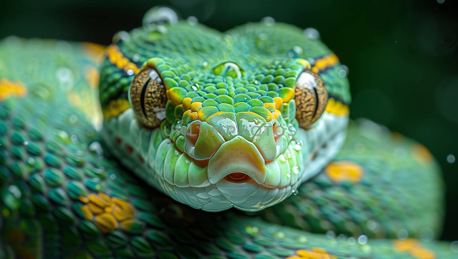 Macro photography capturing the striking image of a scaled reptile, a green snake with electric blue markings and yellow eyes, in its terrestrial habitat in the jungle