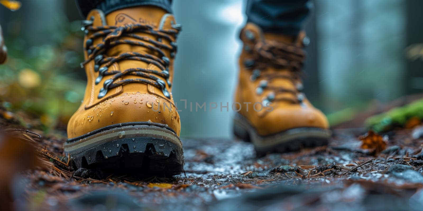 A person in hiking boots walks on muddy path in the woods by richwolf
