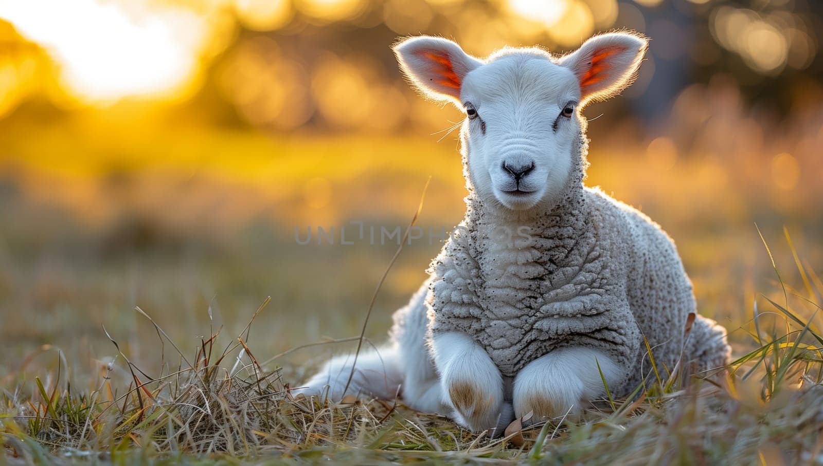 A young lamb is resting in the grass and gazing at the camera, surrounded by a natural landscape. The terrestrial animal has soft fur and a curious expression