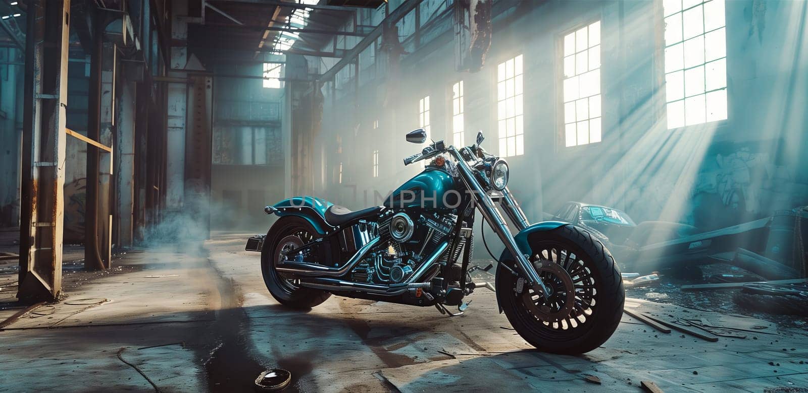 Motorcycle parked in dim warehouse, tire tread barely visible by richwolf