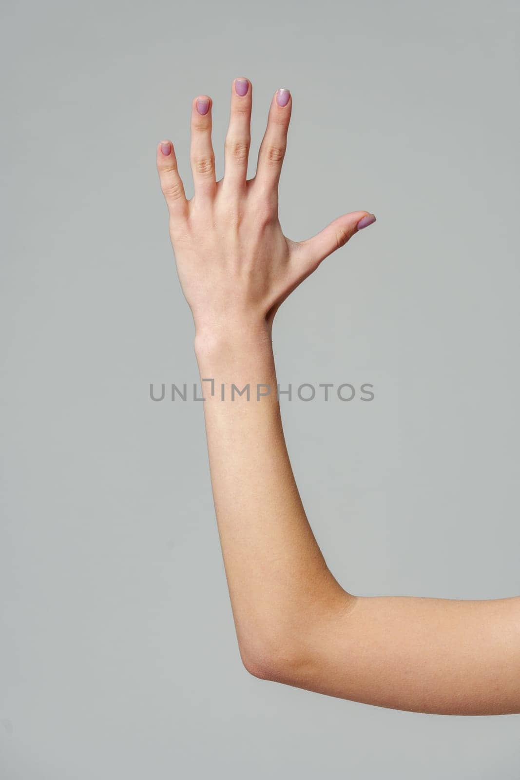 Open palm of a female hand o gray background close up
