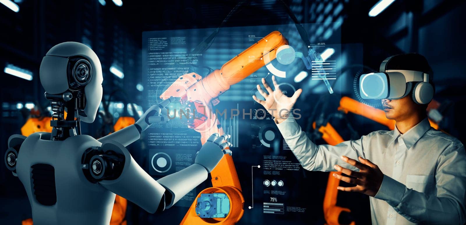 XAI Mechanized industry robot and human worker working together in future factory. Concept of artificial intelligence for industrial revolution and automation manufacturing process.