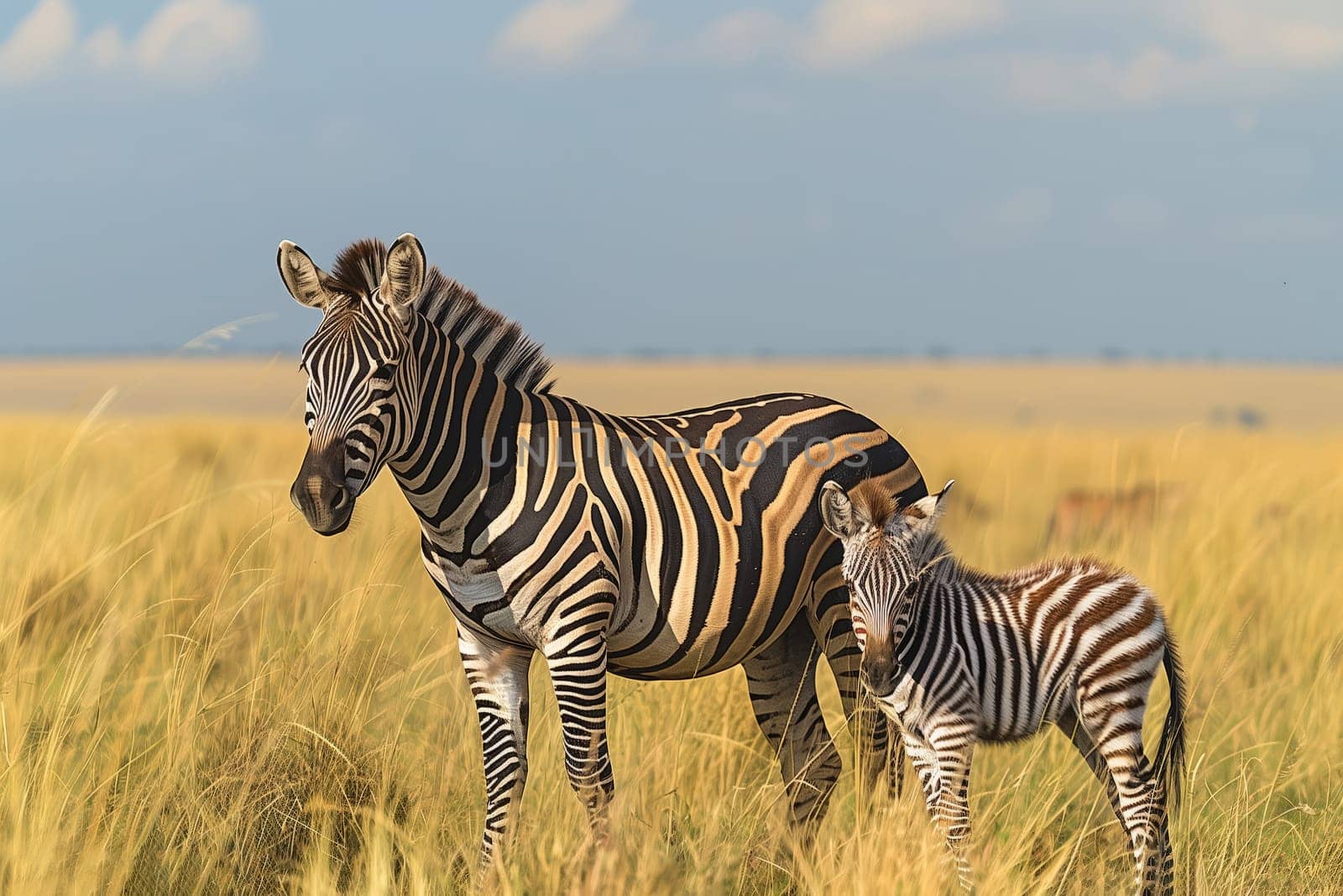 Two zebras graze peacefully in grassy field under a clear sky by richwolf