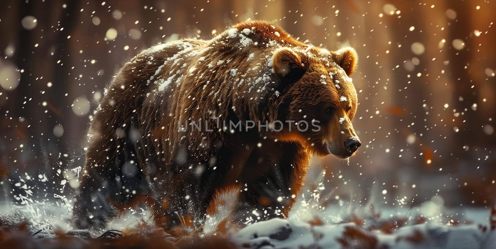 A brown bear, a terrestrial animal, with fur walking through snowy woods by richwolf