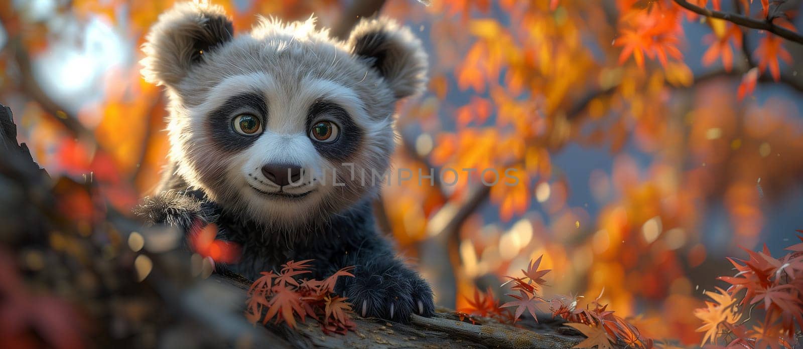 A carnivore panda with fur, whiskers, and snout sits on a tree branch by richwolf