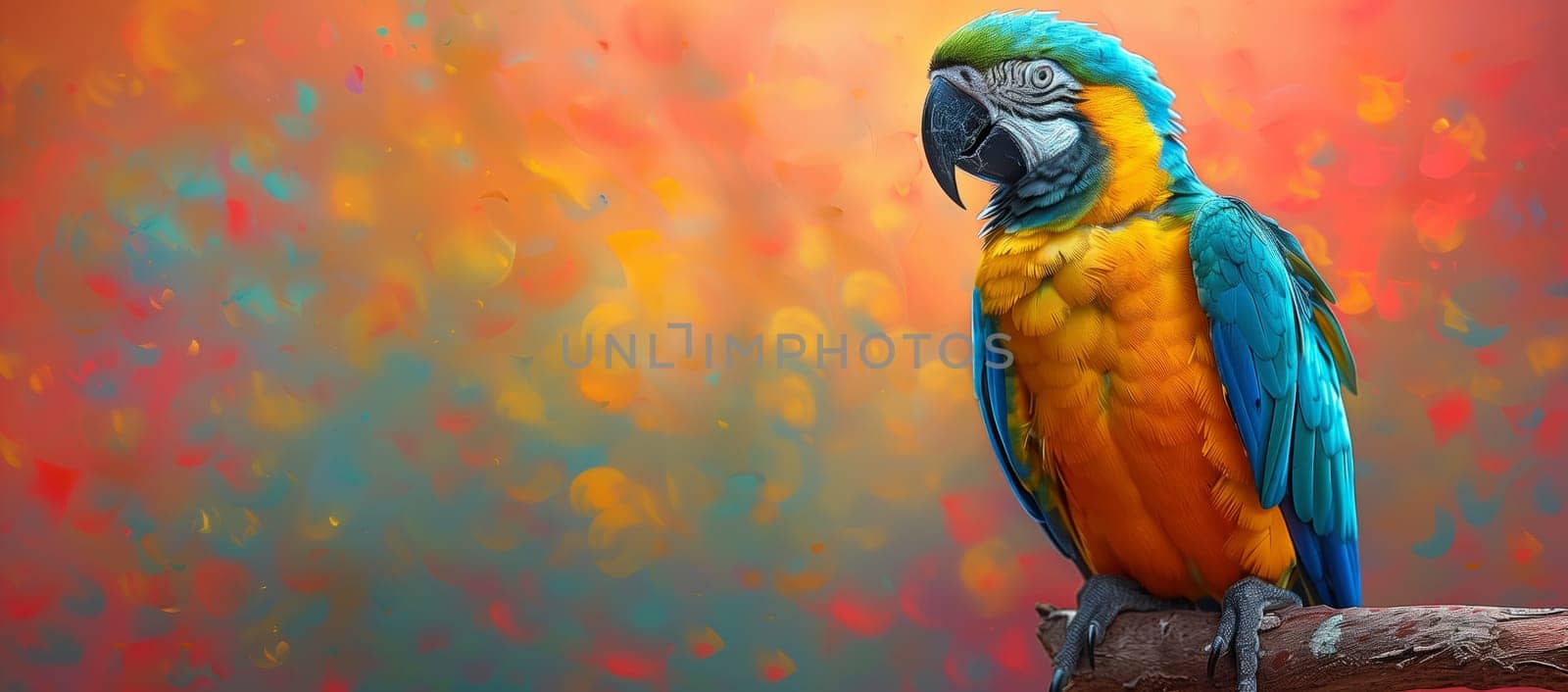 A vibrant Macaw parrot with colorful feathers perched gracefully on a tree branch, showcasing its beautiful beak and majestic wings