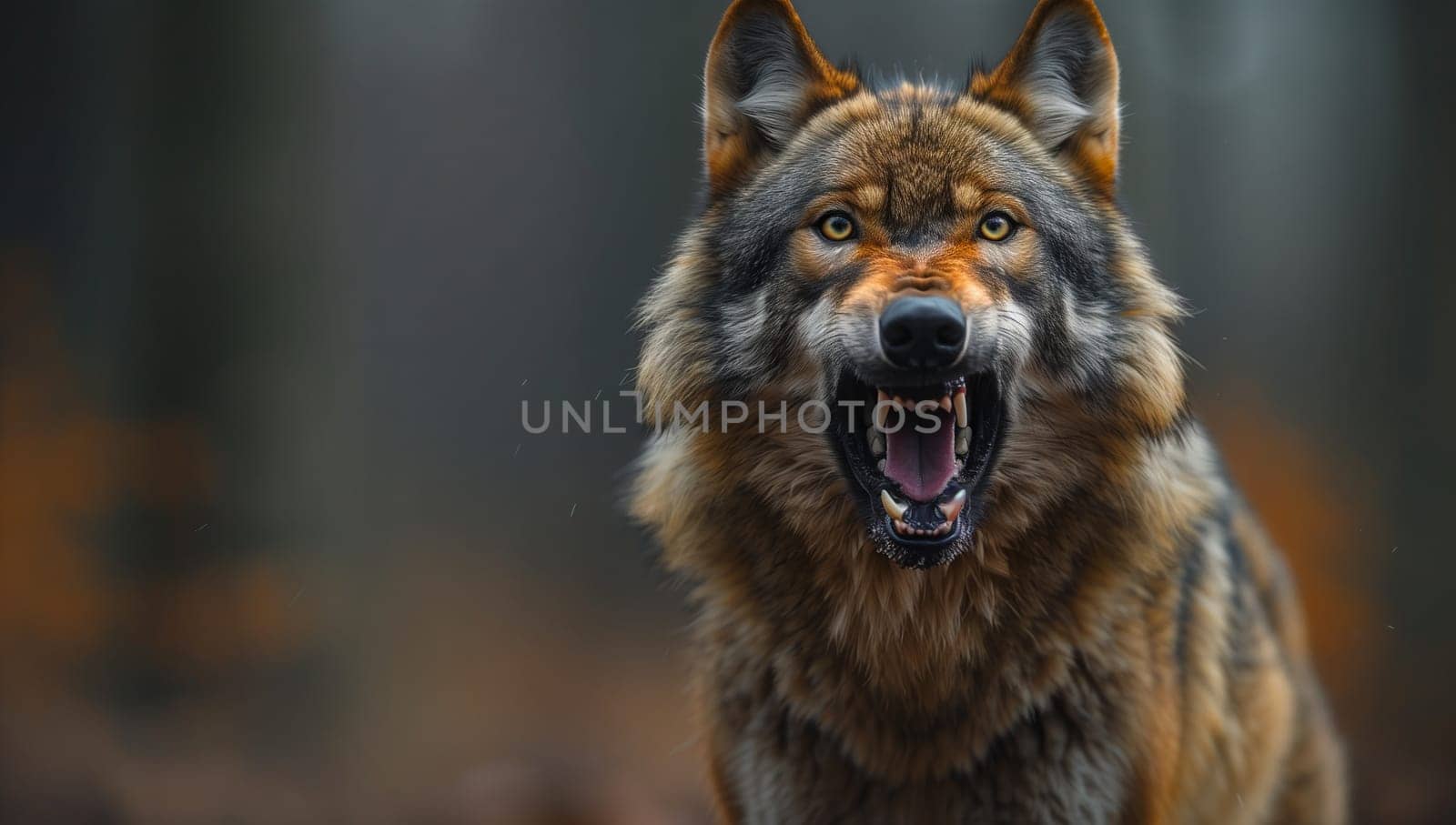 A closeup shot of a Carnivore, Canidae, and terrestrial animal, a wolf showing its fangs and fur while roaring. This Dog breed belongs to the Sporting Group and is known for its biting behavior