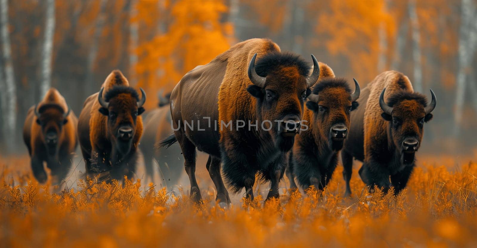 A group of bulls with orange fur are seen grazing in a natural landscape field. Their horns and snouts stand out as they run through the grass