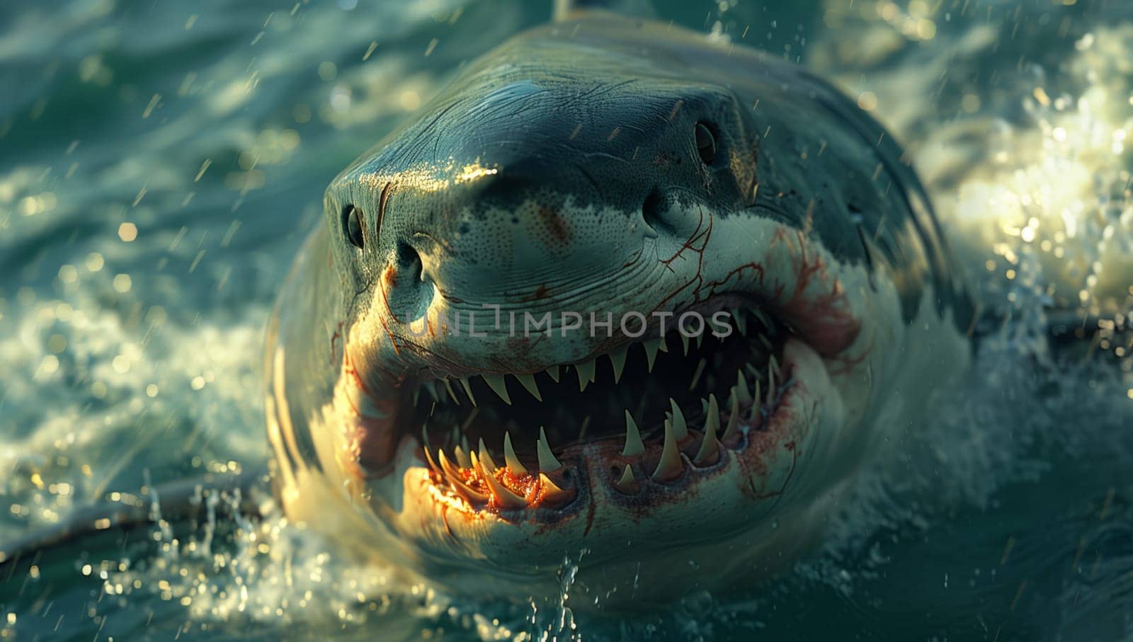 A Lamniformes shark is happily swimming in the ocean, showcasing its impressive jaw and sharp fangs as it gracefully moves through the fluid natural landscape