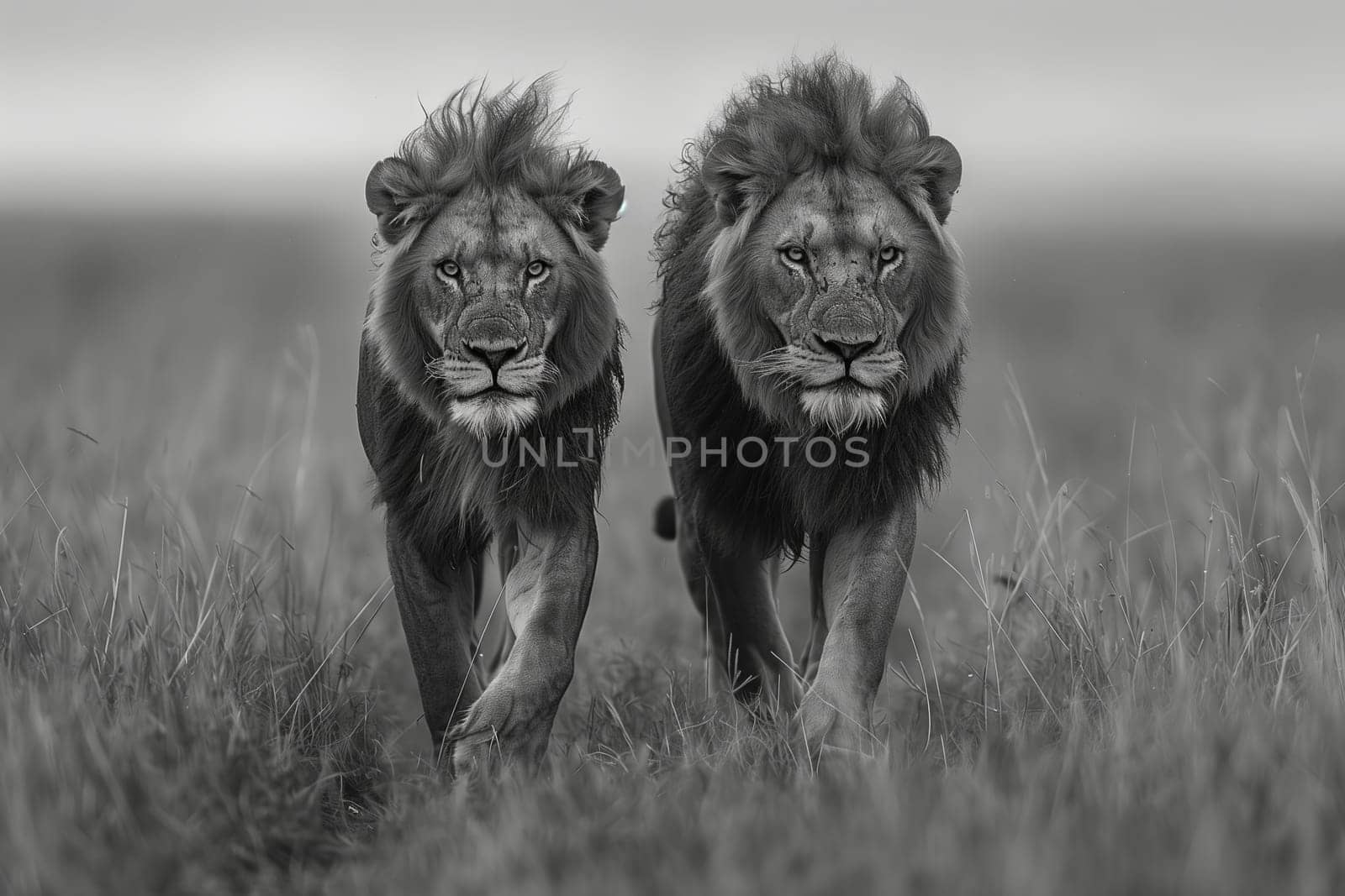 Two Masai lions, large Felidae carnivores with whiskers, are walking in the grass in a black and white photo. They are formidable terrestrial animals and big cats