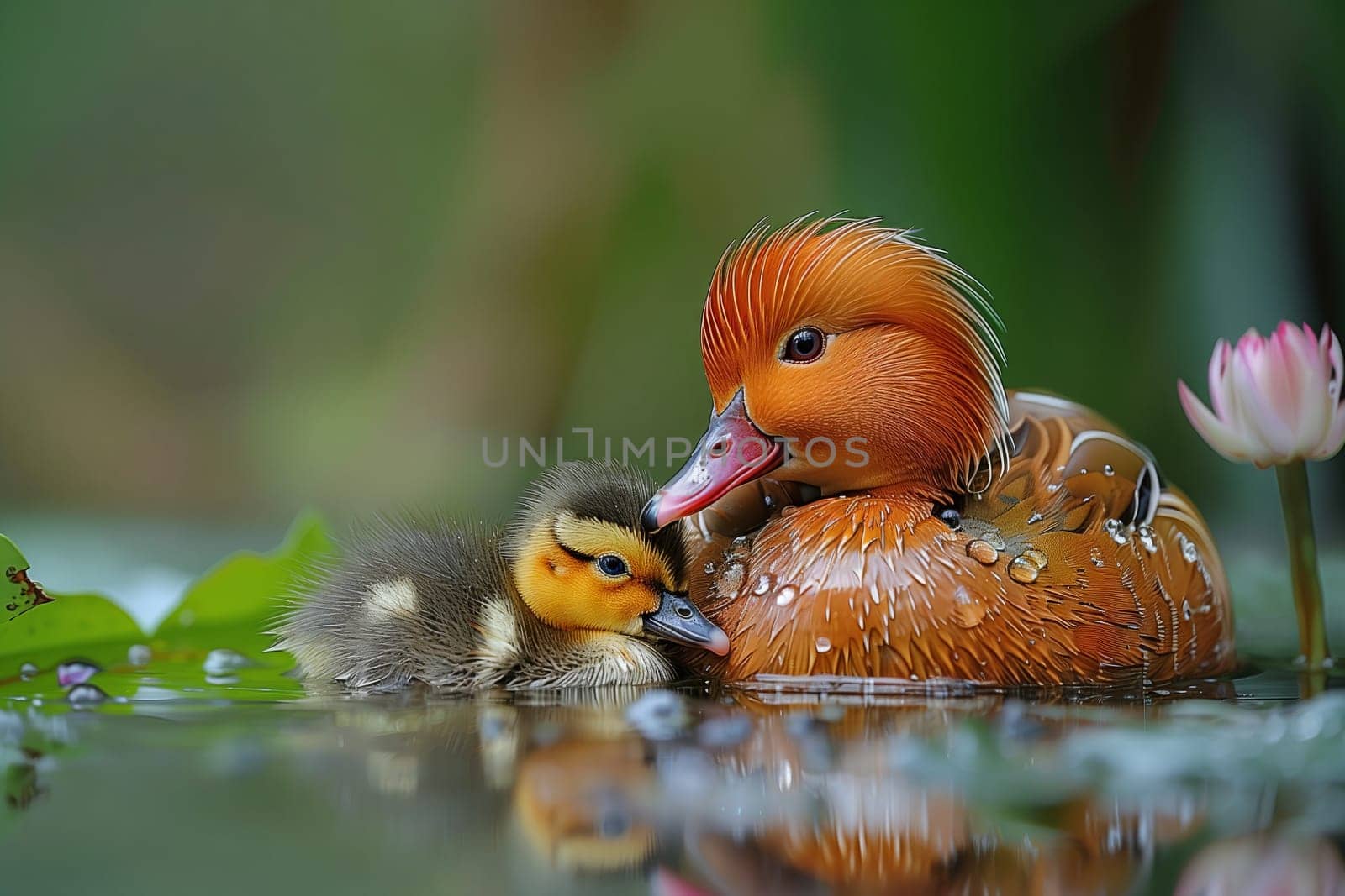 A mother duck and her ducklings swim peacefully in a pond by richwolf