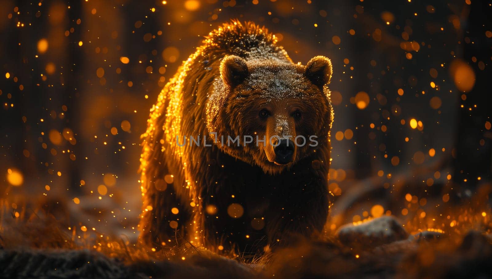 Brown bear, a terrestrial carnivore, wanders through dark woods at night by richwolf
