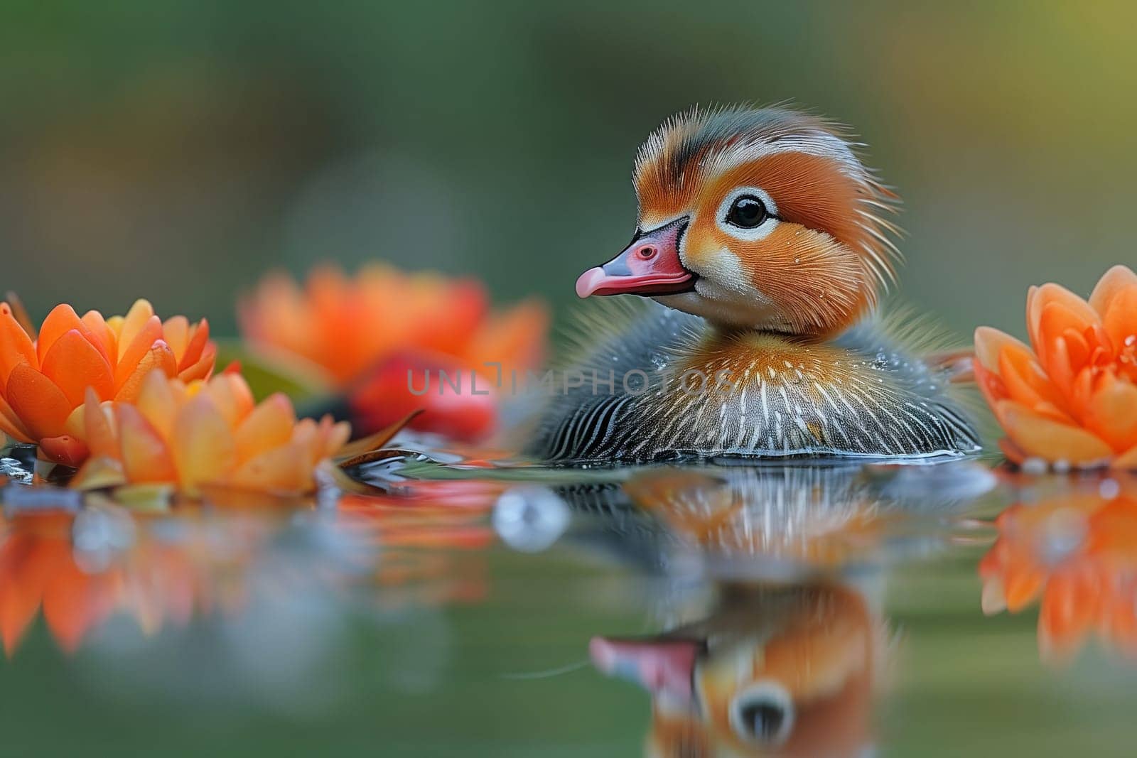 A baby duck with fluffy feathers is swimming in a tranquil pond adorned with orange flowers. The natural landscape is enhanced by the presence of waterfowl such as ducks, geese, and swans