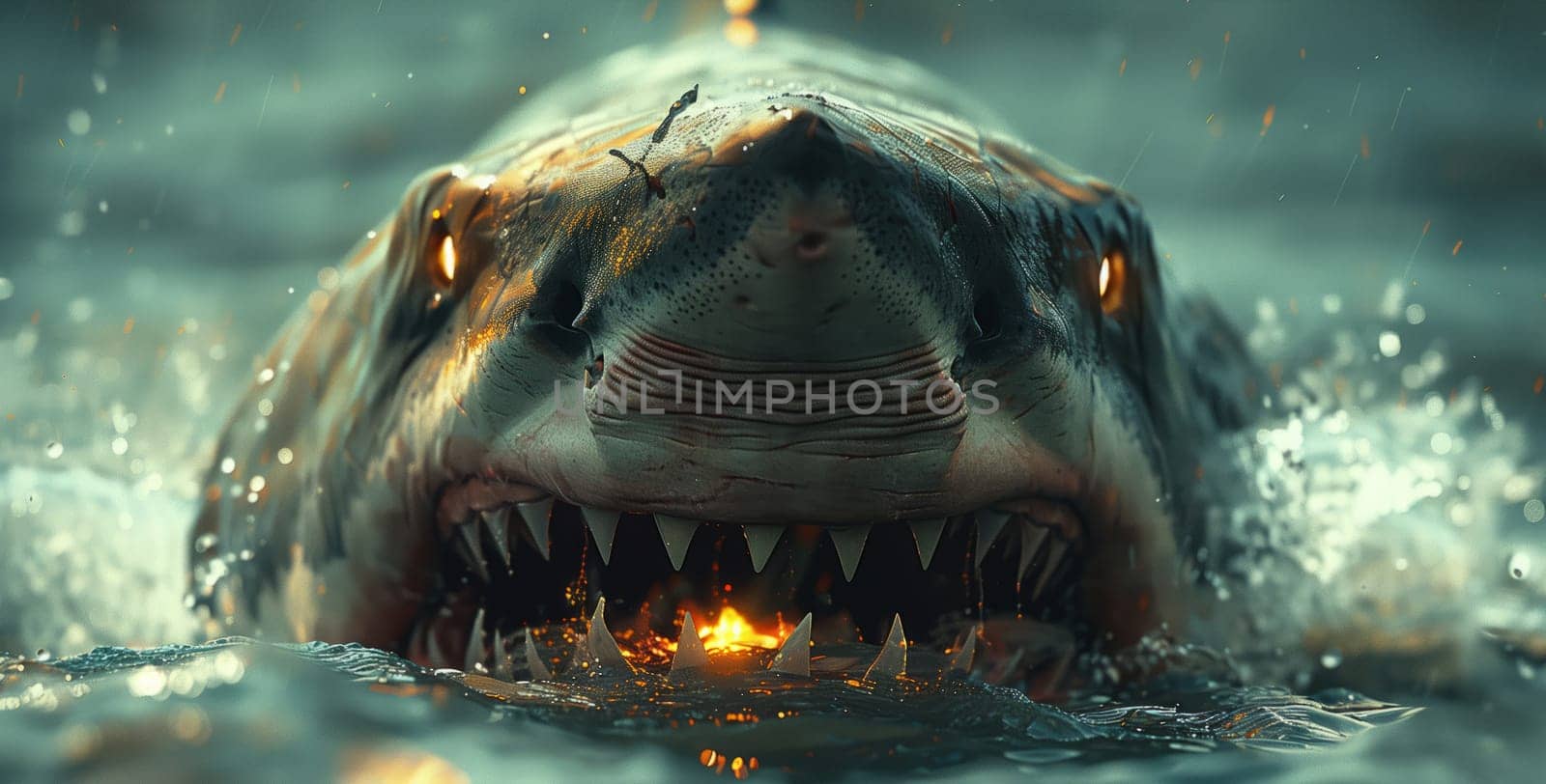 A shark swims in liquid with jaws open, showing fangs in the darkness by richwolf