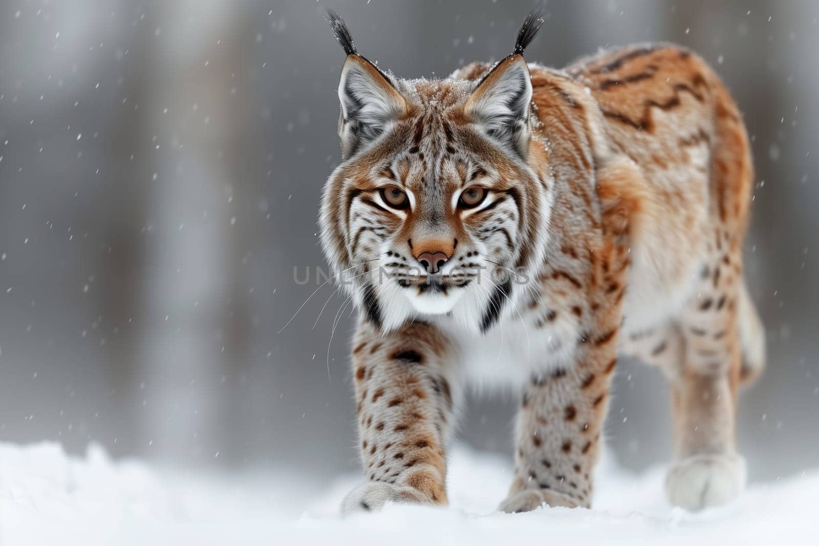 Felidae Carnivore with Big Cat looks at camera in snowcovered terrain by richwolf