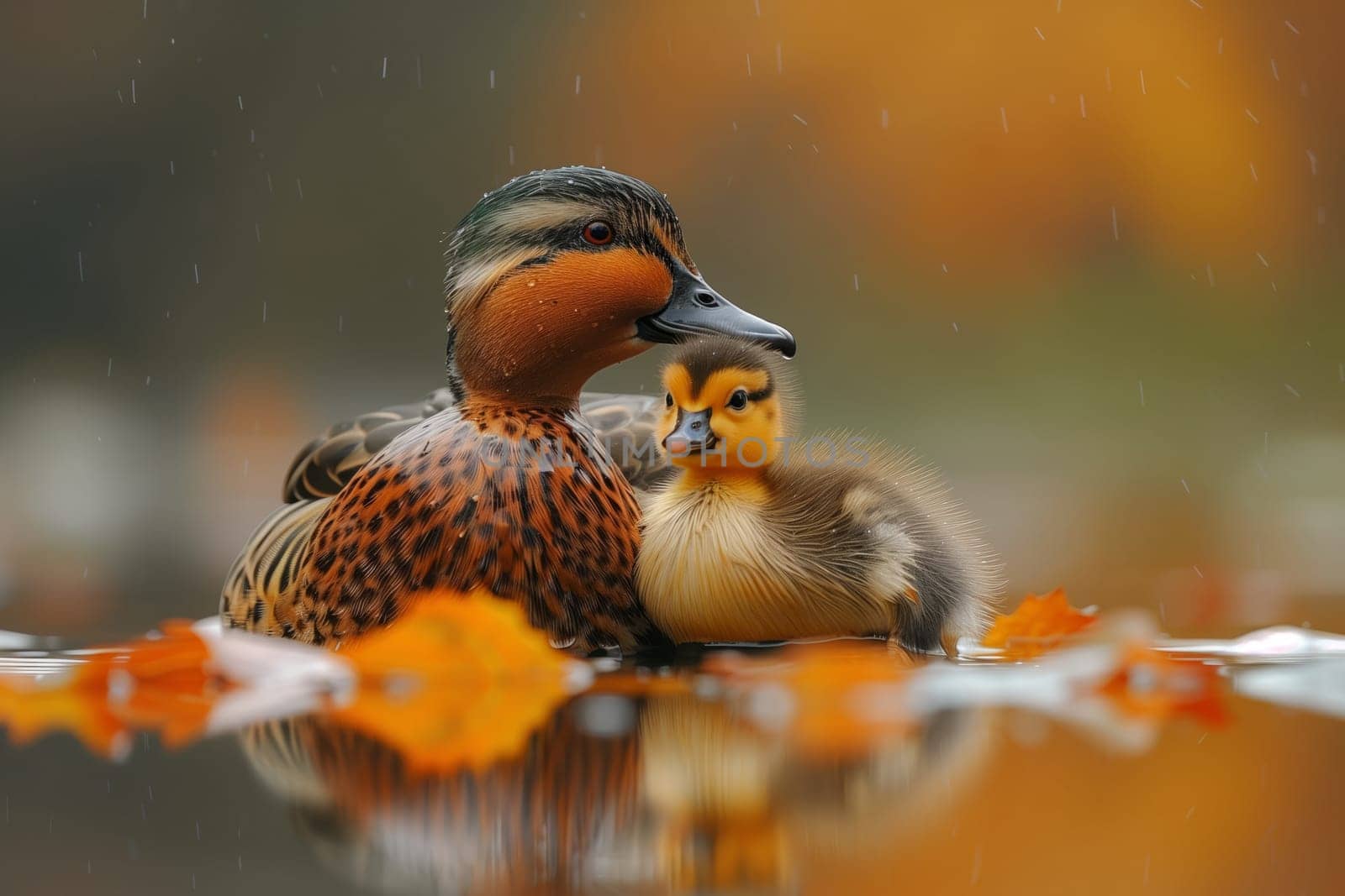 A pair of ducks, a mother and her duckling, glide gracefully through the liquid, their feathers glistening in the sunlight