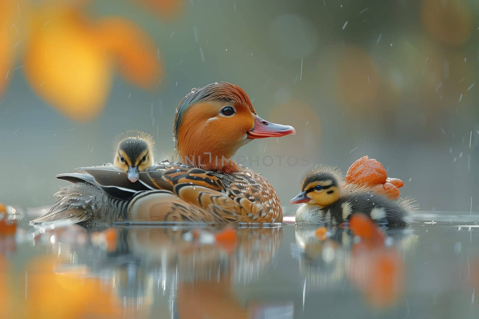 A duck and her ducklings are gracefully swimming in the lake, their feathers glistening in the water as they paddle along together