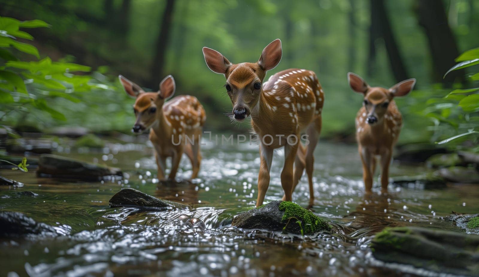 Three fawns are playfully standing in a stream surrounded by a natural landscape of grass and terrestrial plants in the woods