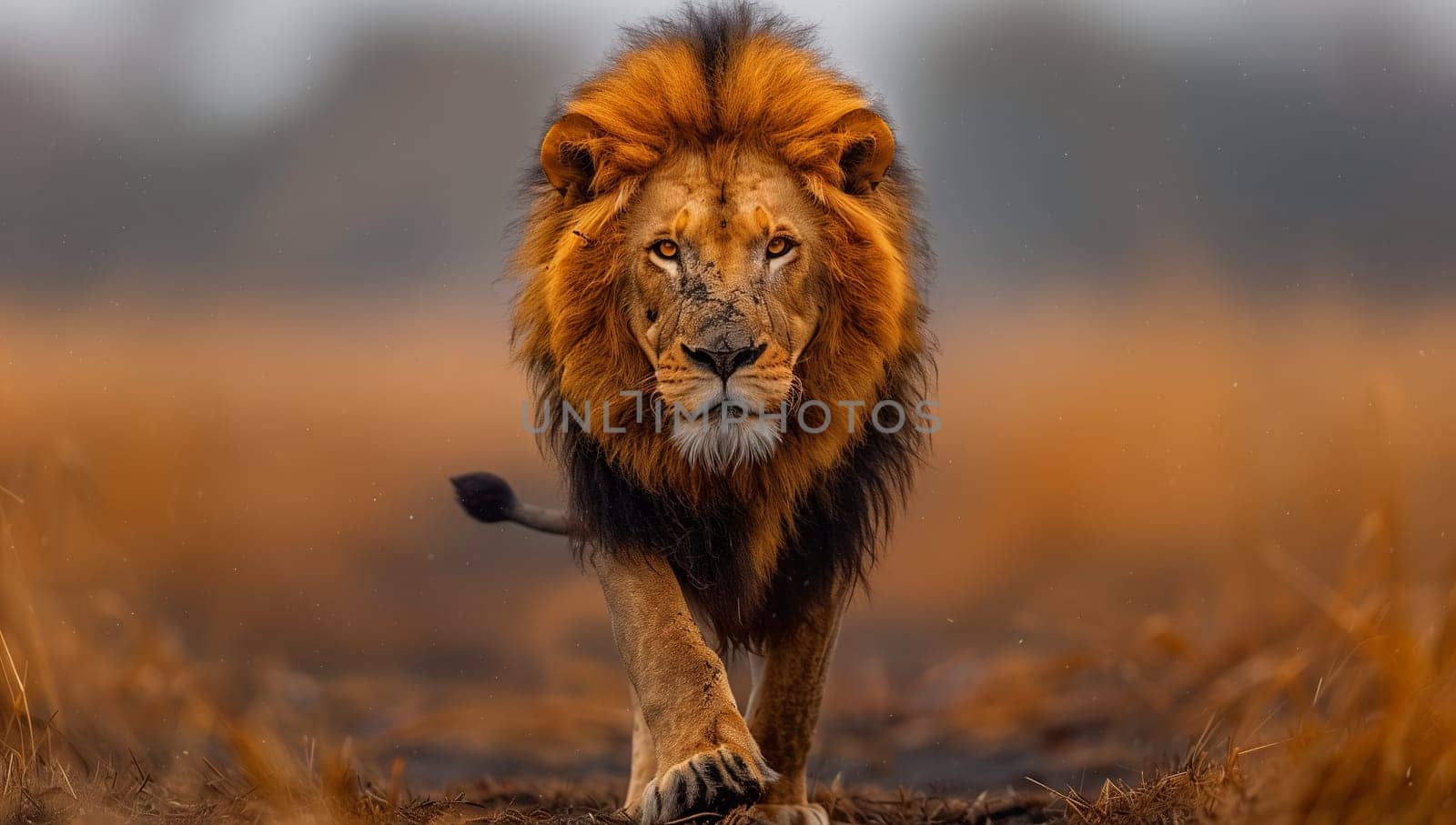 Felidae carnivore, Masai lion with whiskers walking in nature across grass field by richwolf