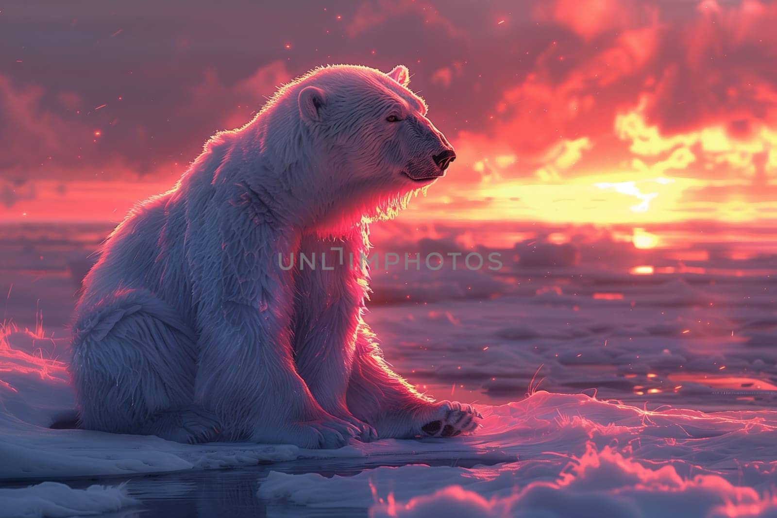 Polar bear, carnivore organism, sitting on ice, watching sunset by richwolf