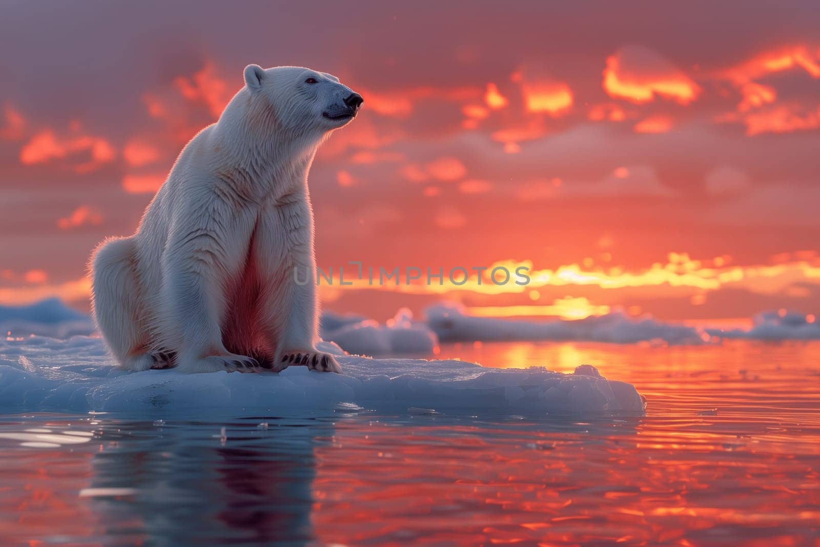 A carnivorous polar bear with a powerful snout sits on a floating piece of polar ice cap in the water, surrounded by a vast icy landscape