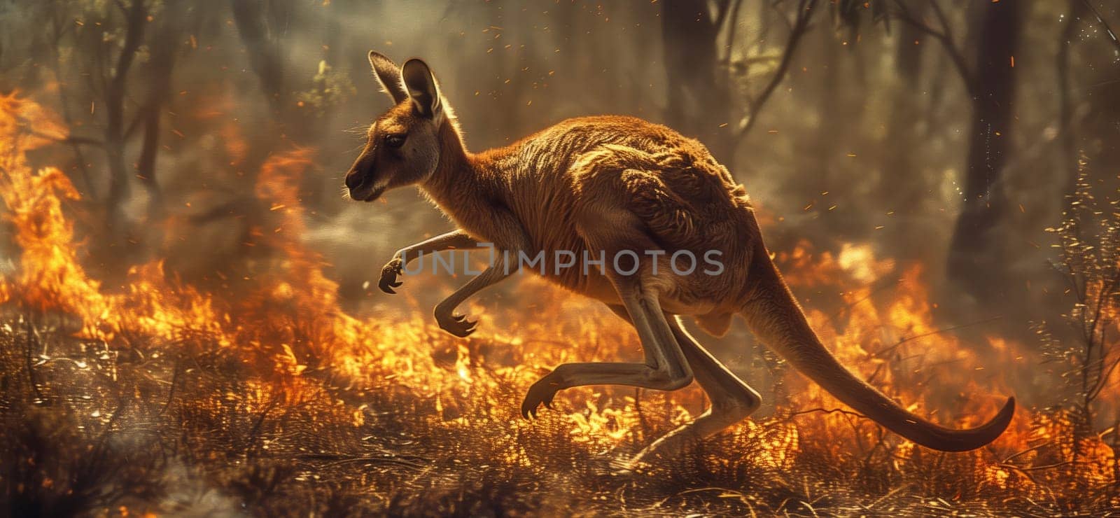 A carnivorous terrestrial animal, resembling a dinosaur, with a tail similar to a dog breed, is running through a field of fire amidst a grassy landscape