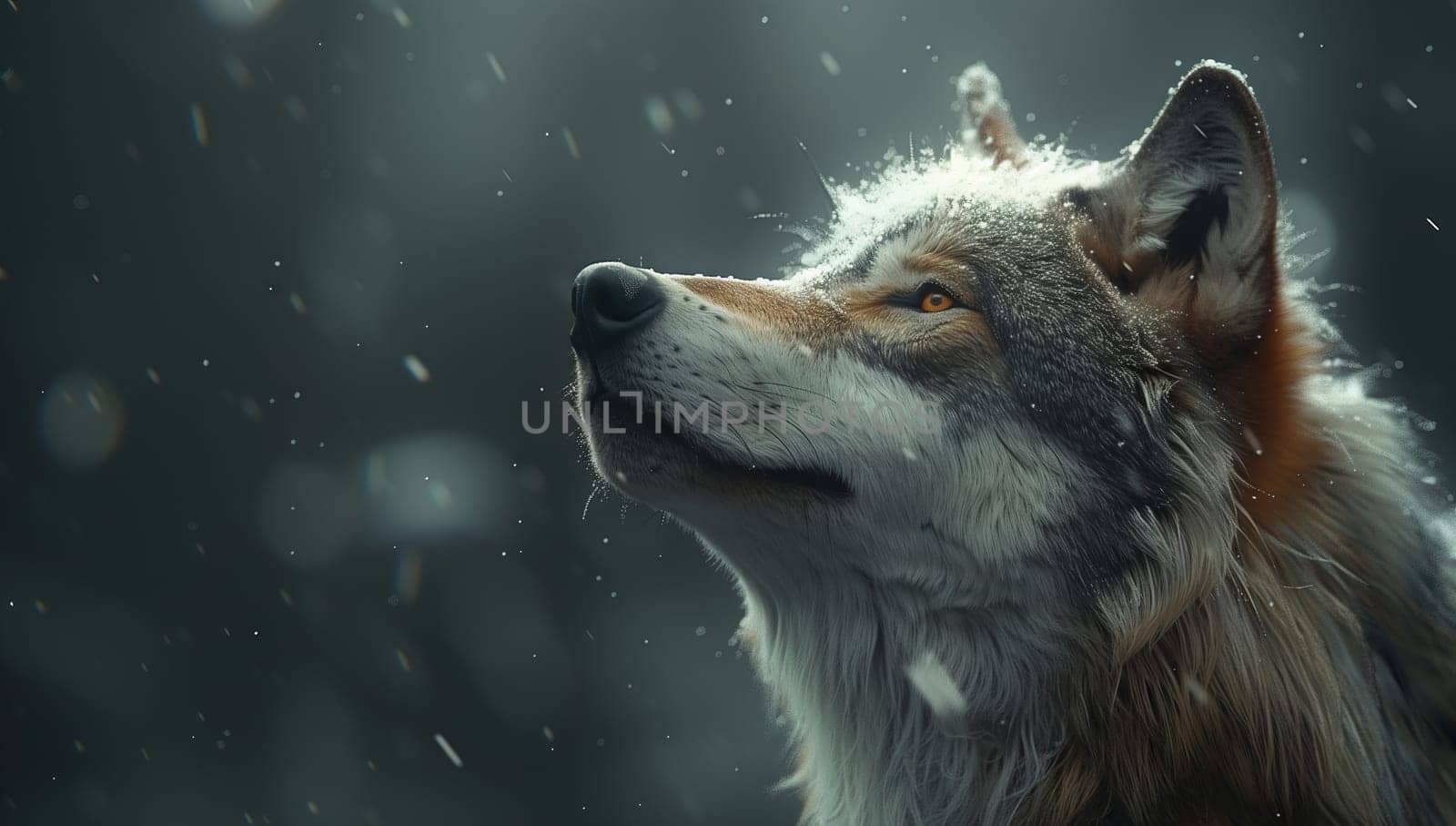 A carnivorous terrestrial animal, resembling ancient dog breeds, the wolf gazes up at the sky in the snowy darkness. Its fur glistens under the soft glow of the moonlight