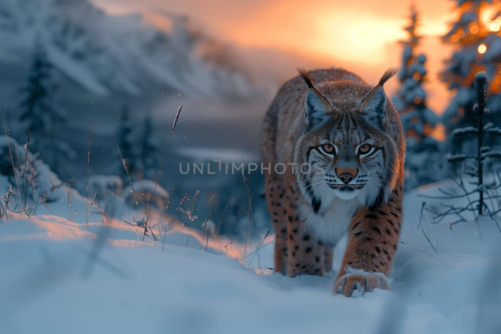 A Lynx, a felidae carnivore, walks on snow at sunset in a natural landscape by richwolf