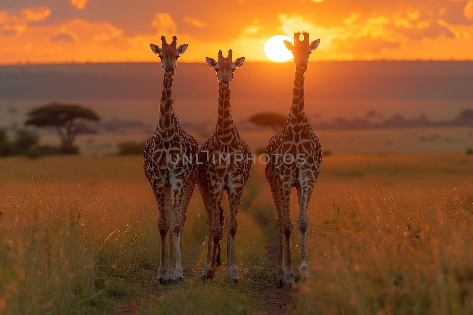 Three majestic Giraffes are gracefully standing in a field, silhouetted against the vibrant colors of the sunset sky, surrounded by a beautiful natural landscape