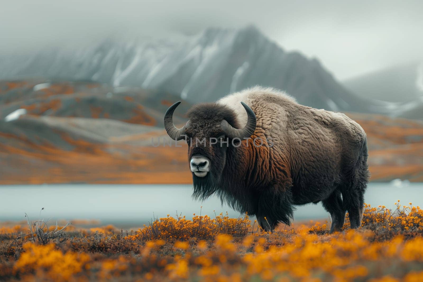 Bison in a flowerfilled highland meadow with mountain backdrop by richwolf