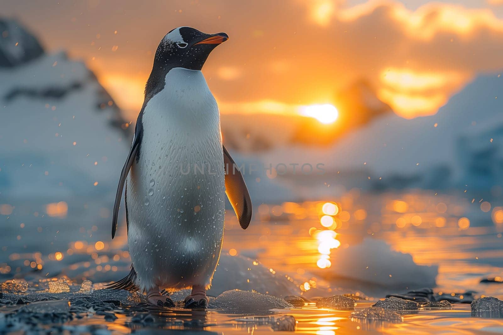 An Adlie penguin stands in the water at sunset, its flightless wings by its side. The birds beak points upwards as it gazes at the colorful sky