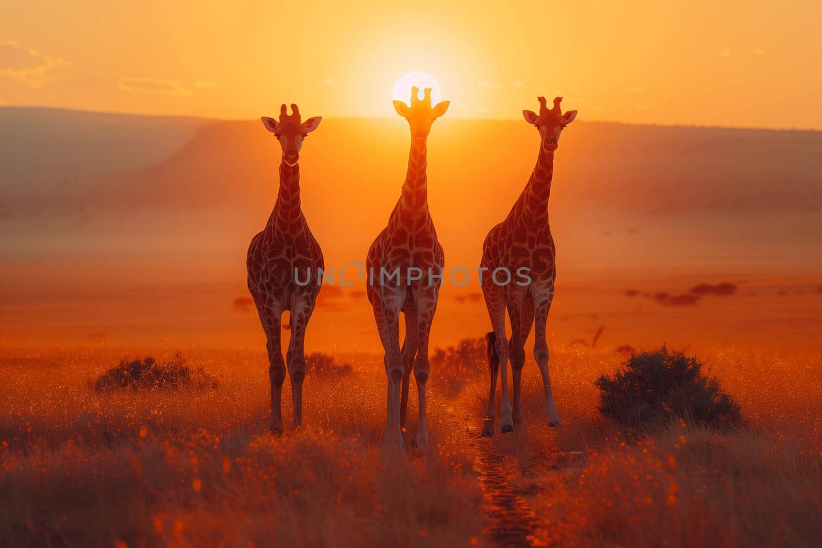 Three giraffes are gracefully standing in a grassland field, silhouetted against the beautiful sunset sky. Their adaptation to the terrestrial environment is evident